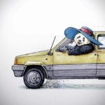 Painting of the front half of an old yellow fiat panda car being driven by a panda wearing a sunhat on a white background