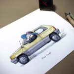 Print of an old yellow fiat panda car being driven by a panda wearing a sunhat on a white background