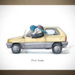 Print of an old yellow fiat panda car being driven by a panda wearing a sunhat on a white background