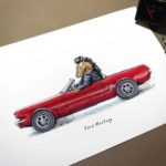 Print of a Mustang horse wearing a leather jacket driving a red ford mustang car on a white background