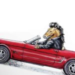 Part of a painting of a Mustang horse wearing a leather jacket driving a red ford mustang car on a white background