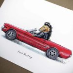 Print of a Mustang horse wearing a leather jacket driving a red ford mustang car on a white background