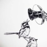 Black and white drawing of birds standing on top of each other next to a vintage telephone on a white background