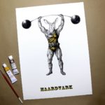 Print of an aardvark dressed as strong man wearing a leotard and lifting a barbell above text reading “Haardvark”