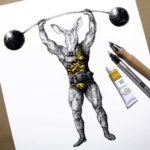 Print of an aardvark dressed as strong man wearing a leotard and lifting a barbell on a white background