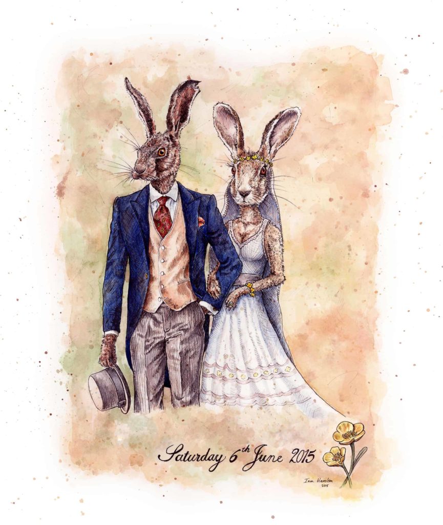 Original painting of two hares dressed as a bride and groom in a suit and white wedding dress on a textured background