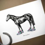Black and white drawing of a horse wearing bright coloured trainers above text reading “Horseshoes” on a white background