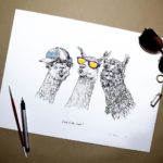 Print of three black and white llamas wearing purple and yellow sunglasses, a cap and a gold chain on a white background