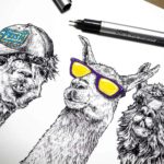 Print of three black and white llamas wearing purple and yellow sunglasses, a cap and a gold chain on a white background