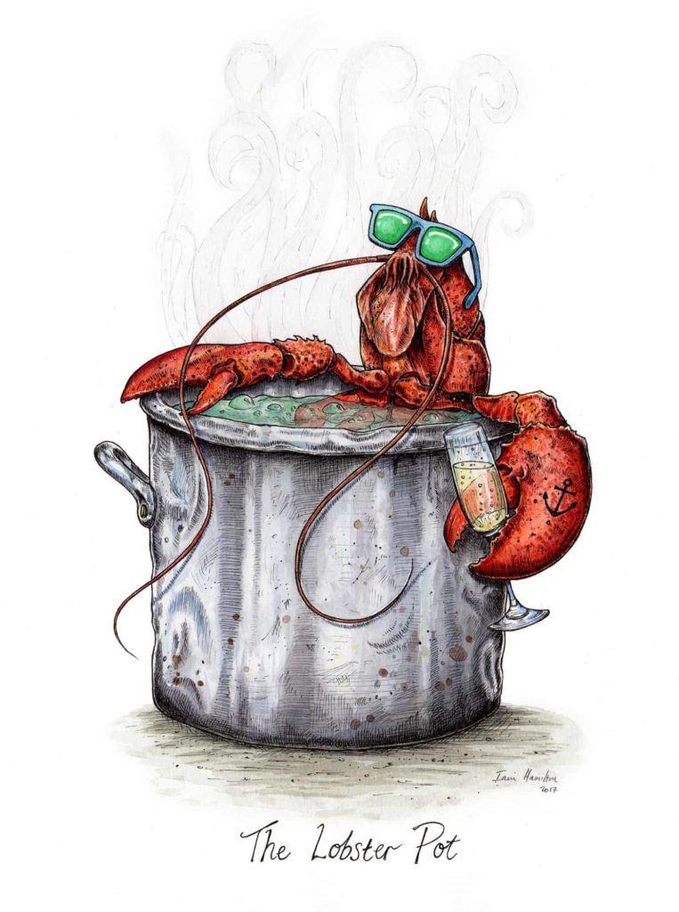 Original commissioned picture of a lobster wearing sunglasses in a hot tub holding a glass of champagne on a white background