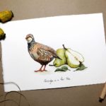 Print of a partridge and pears with text saying ‘Partridge in a Pear Tree’ on a white background
