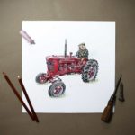 Print of a red vintage Massey Ferguson tractor being driven by a pig wearing a flat cap and a coat on a white background