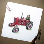 Print of a red vintage Massey Ferguson tractor being driven by a pig wearing a flat cap and a coat on a white background