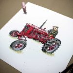 Print of a red vintage Massey Ferguson tractor being driven by a pig wearing a flat cap and a coat on a white background