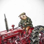 Print of a pig wearing a flatcap and a coat driving a red tractor with “Hammy” text” on a white background