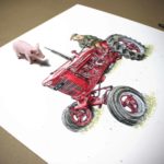 Print of a red vintage Massey Ferguson tractor being driven by a pig wearing a flat cap and a coat on a white background