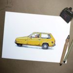 Print of a robin wearing a woolly hat driving a yellow reliant robin car on a white background