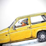 Print of a robin wearing a woolly hat driving a yellow reliant robin car on a white background