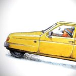 Print of a Print of a robin wearing a woolly hat driving a yellow reliant robin car on a white background