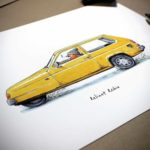 Print of a robin wearing a woolly hat driving a yellow reliant robin car on a white background
