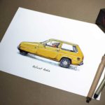 Print of a robin wearing a woolly hat driving a yellow reliant robin car on a white background