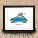 Print of a colourful beetle driving a classic blue VW Beetle car in a black frame on a curved wooden background