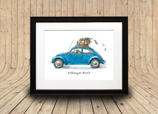 Print of a colourful beetle driving a classic blue VW Beetle car in a black frame on a curved wooden background