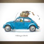 Colourful beetle driving a blue VW beetle with luggage strapped to the top which is falling off the roof rack on white paper