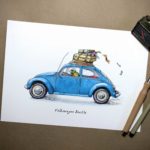 Colourful beetle driving a blue VW beetle with luggage strapped to the top which is falling off the roof rack on white paper