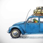Front half of a beetle driving a blue VW beetle with luggage strapped to the roof rack on a white background