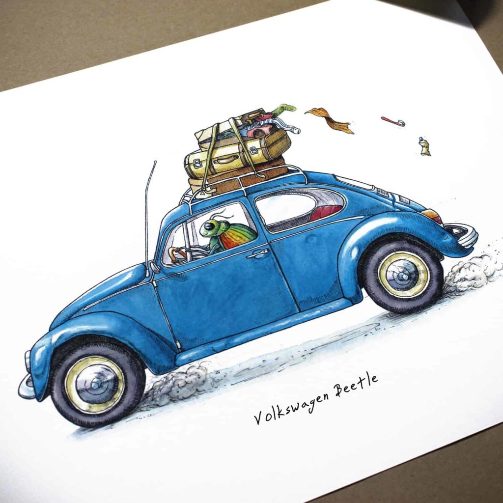 Colourful beetle driving a blue VW beetle with luggage strapped to the top which is falling off the roof rack on white paper