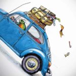 A colourful beetle driving a blue VW beetle with luggage strapped to the top which is falling off the roof rack