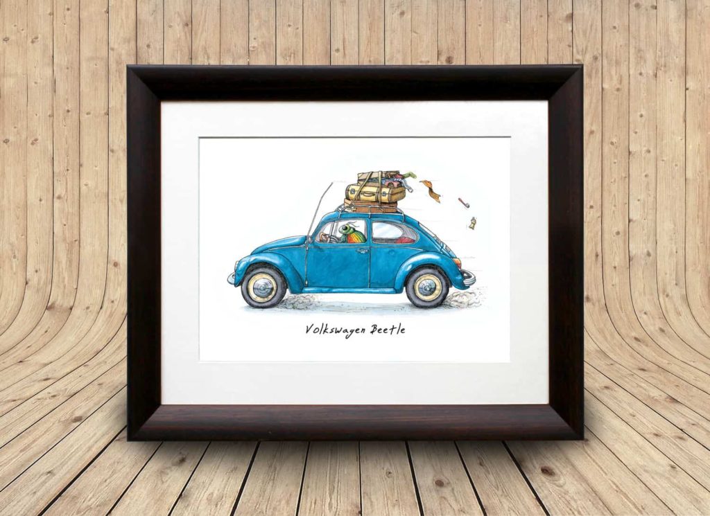 Print of a colourful beetle driving a classic blue VW Beetle car in a dark wood frame on a curved wooden background