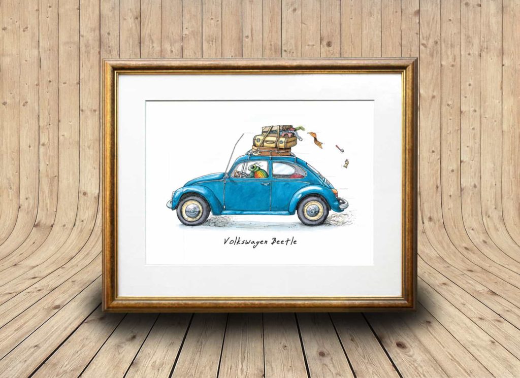 Print of a colourful beetle driving a classic blue VW Beetle car in a gold frame on a curved wooden background