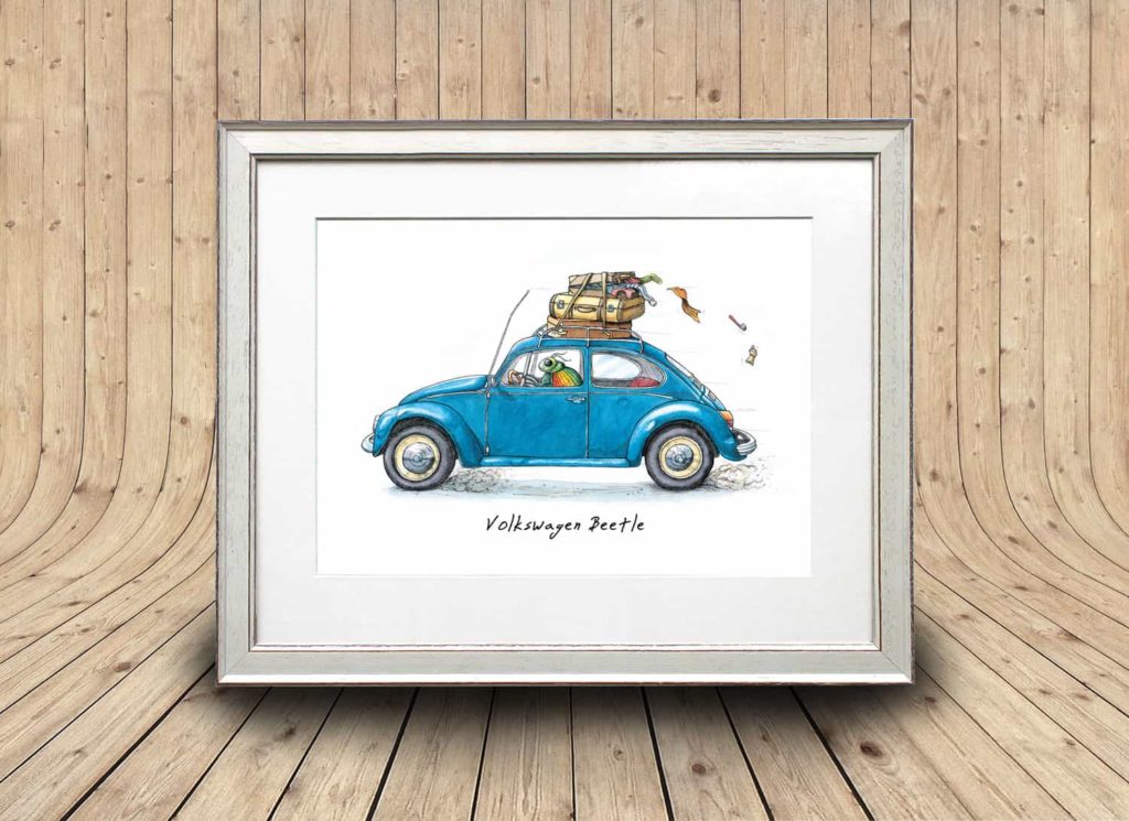 Print of a colourful beetle driving a classic blue VW Beetle car in a white frame on a curved wooden background