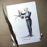 Painting of a yellow Labrador wearing a suit pulling a pheasant from a hat on white paper next to feathers