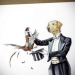 Painting of the top half of a yellow Labrador wearing a suit dressed as a magician pulling a pheasant from a hat on white paper
