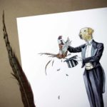 Painting of a yellow Labrador wearing a suit pulling a pheasant from a hat on white paper next to a feather