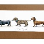 Painting of three dachshunds holding each other's tails while walking in a line