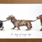 Picture of a wire haired dachshund in the middle of two other dachshunds who are all joined by their tails above text