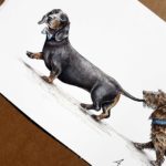 Painting of a black and tan dachshund wearing a bow tie with another dachshund holding its tail on a white background