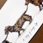 Painting of three dachshunds holding each other’s tails walking in a line above text reading “A String of Sausage Dogs”