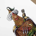 Highly detailed painting of a chicken wearing a nomadic tribal outfit with a sword, arrows and knives on a white background