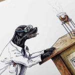 Painting of a black Labrador wearing goggles and a white lab coat staring at sausages cooking in a Bunsen burner