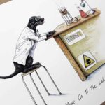 Print of a black labrador wearing a white Lab coat sitting at a desk in a science lab cooking sausages over a Bunsen burner