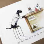 Print of a black labrador wearing a white Lab coat sitting at a desk in a science lab cooking sausages over a Bunsen burner