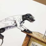 Painting of a Black Labrador wearing a white lab coat sitting on a stool looking at a Bunsen burner which is cooking sausages