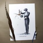 Painting of a black Labrador wearing a suit pulling a pheasant from a hat on white paper next to a feather