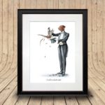 Print of a chocolate Labrador in a magician’s outfit pulling a pheasant out a hat in a black frame on a wooden background