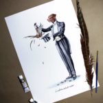 Painting of a chocolate Labrador wearing a suit pulling a pheasant from a hat on white paper next to a feather